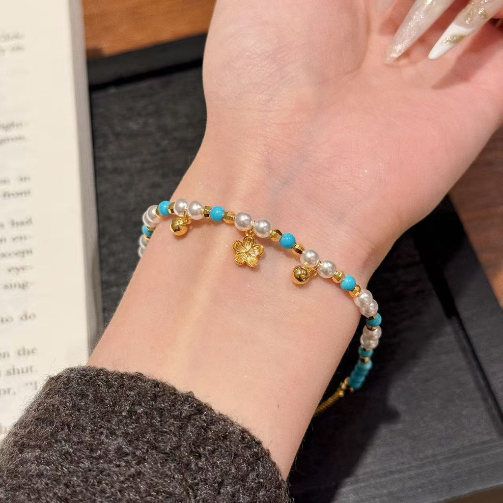 Luxury Turquoise Pearl Flower Jewelry Set Elegant Daily Women Accessory
