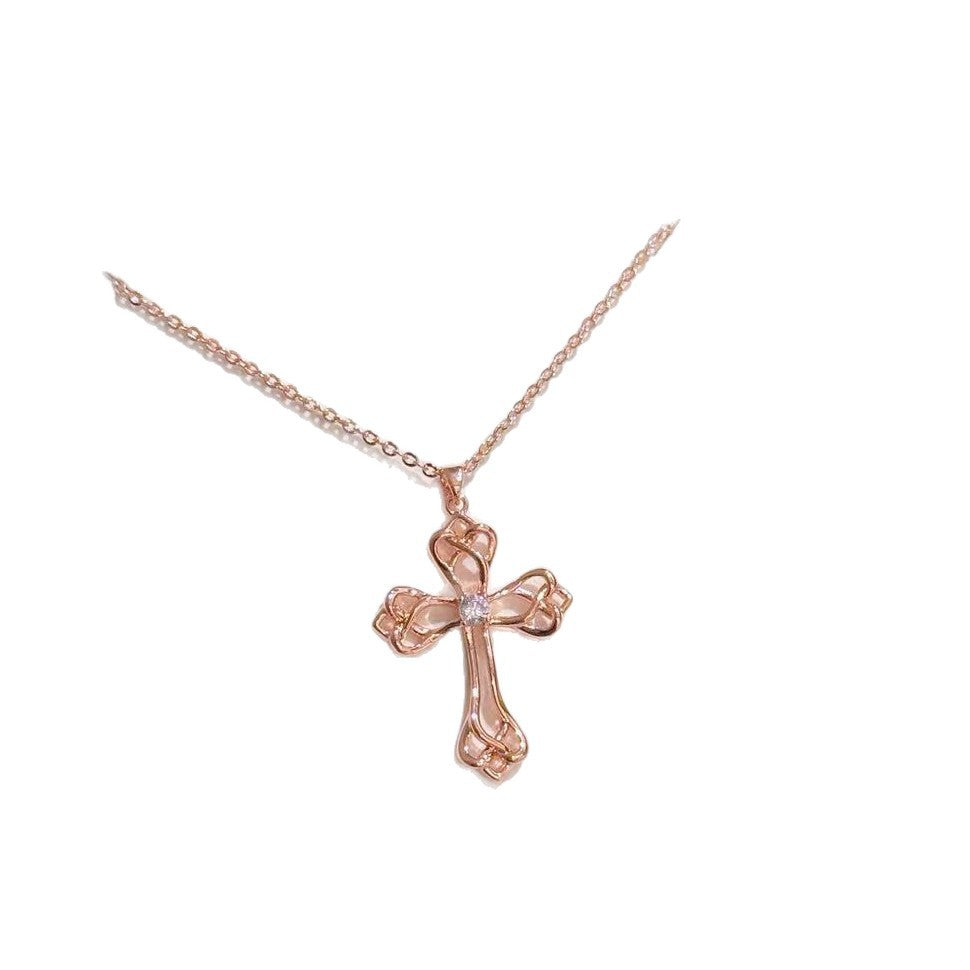 Spring New Hollow Cross Pendant Necklace, Vintage Luxury Dainty Clavicle Chain