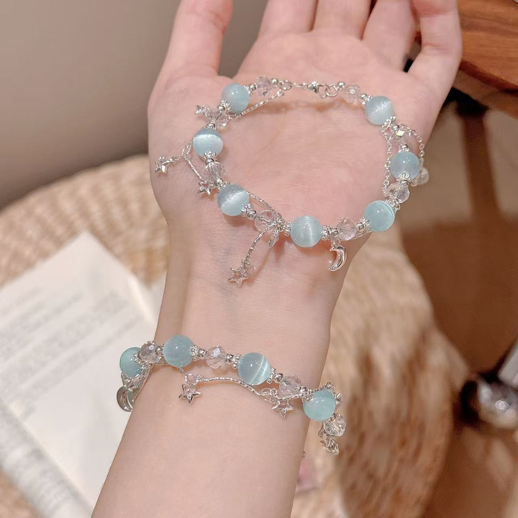 Aquamarine Cat's Eye Tassel Bracelet, Double Layer Stackable
