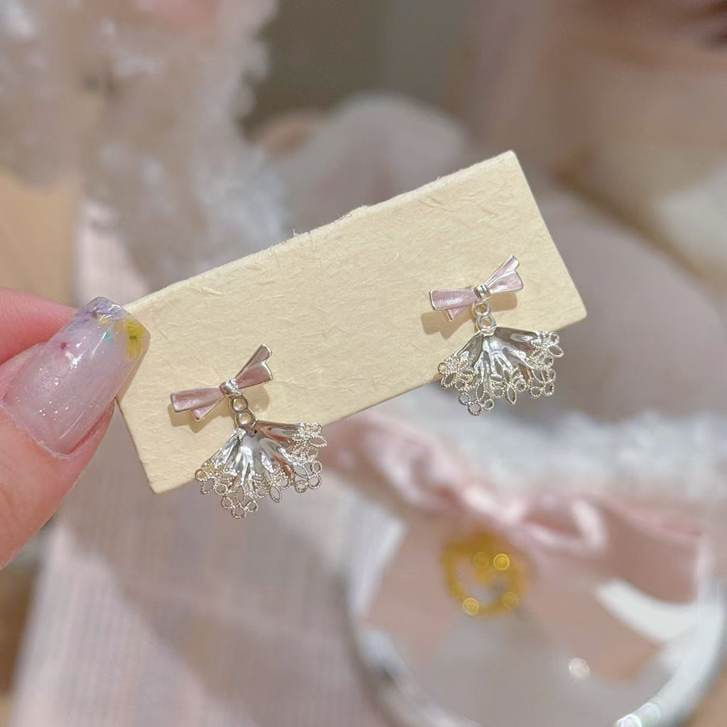 Ballet Aesthetic Bow & Lace Skirt Stud Earrings, Luxury Sweet Niche Dainty All-match Women Earrings