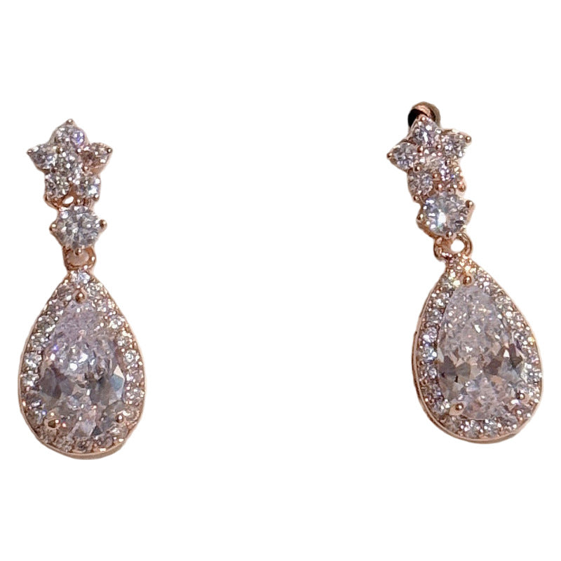 S925 Silver Flower Water Drop Earrings, Shiny Sweet Temperament Daily Studs