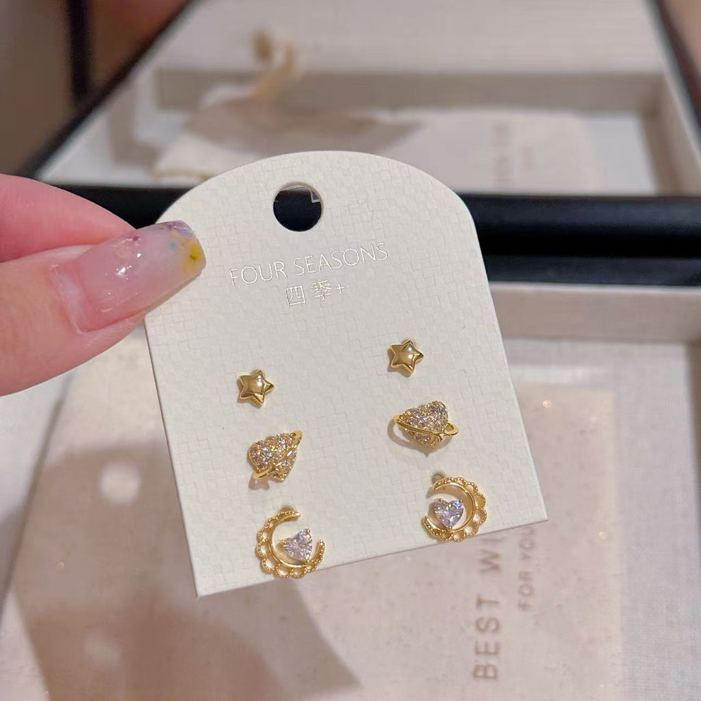 Shining Heart Star Stud Earrings 3Pcs Set, Luxury Elegant Dainty Gentle Temperament Ear Jewelry