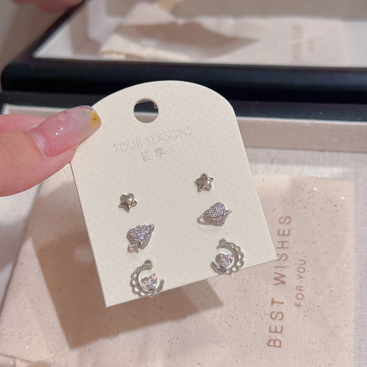 Shining Heart Star Stud Earrings 3Pcs Set, Luxury Elegant Dainty Gentle Temperament Ear Jewelry