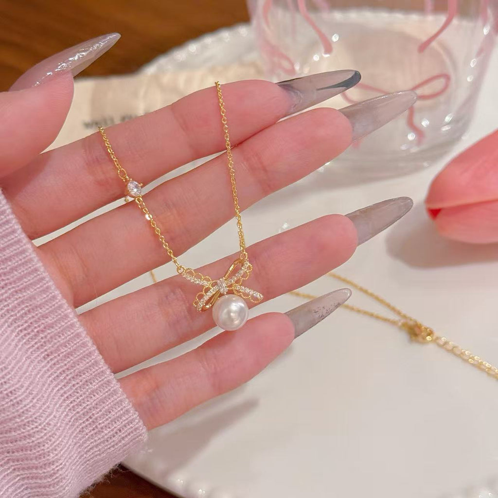 Lace Bow Pearl Clavicle Necklace, Noble Luxury Elegant Daily Fashion Jewelry