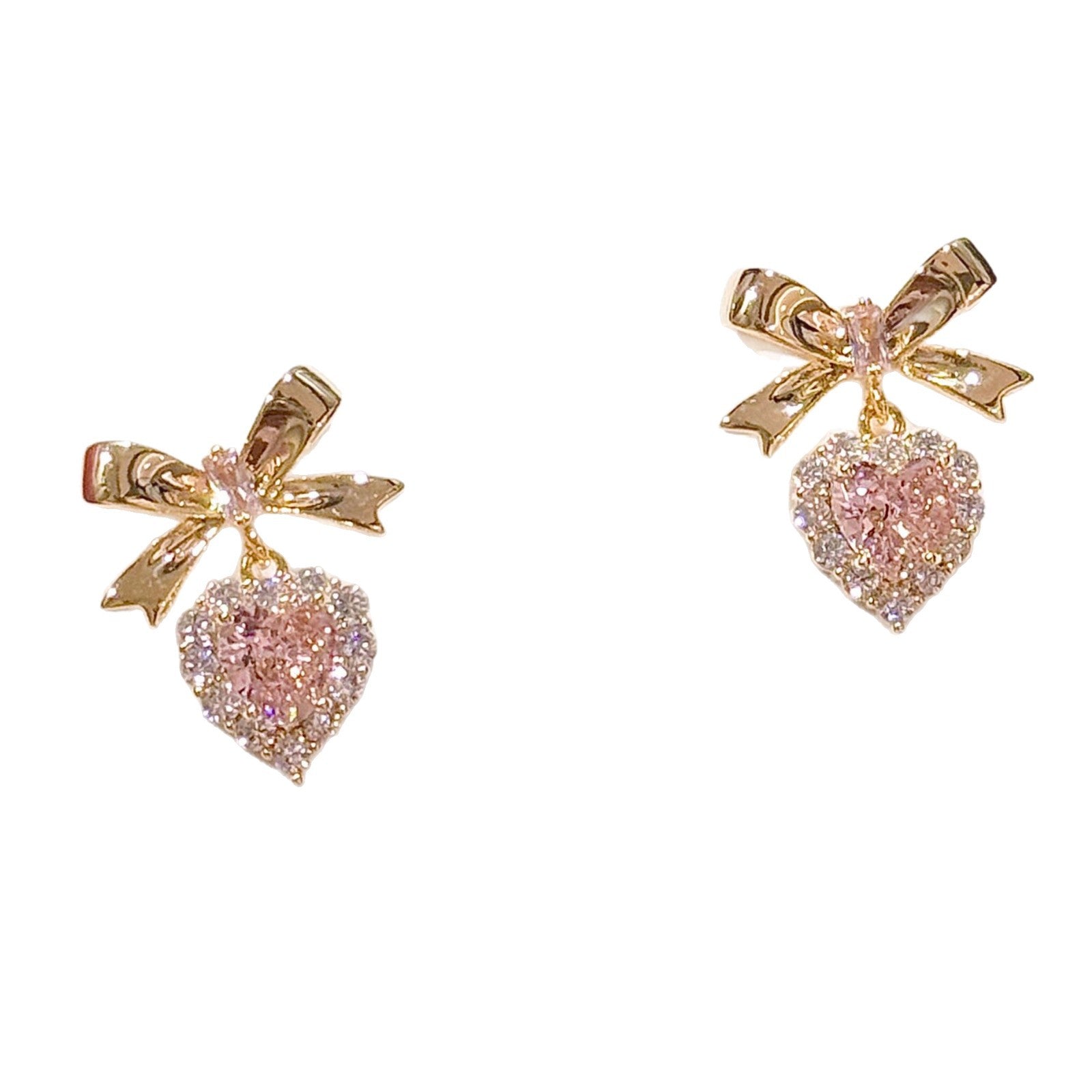 Korean Heart Bow Rhinestone Stud Earrings, Elegant Fashion Earrings For Ladies
