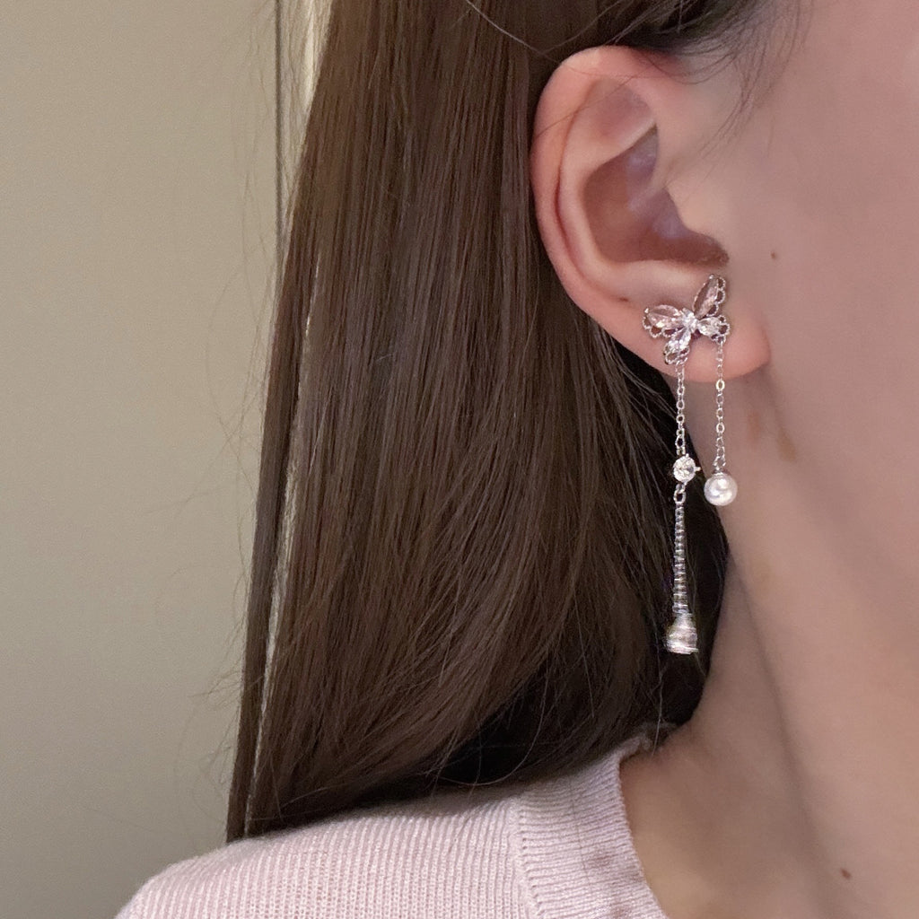 Custom Butterfly Pearl Tassel Drop Earrings, Luxury Niche S925 Sterling Silver Studs