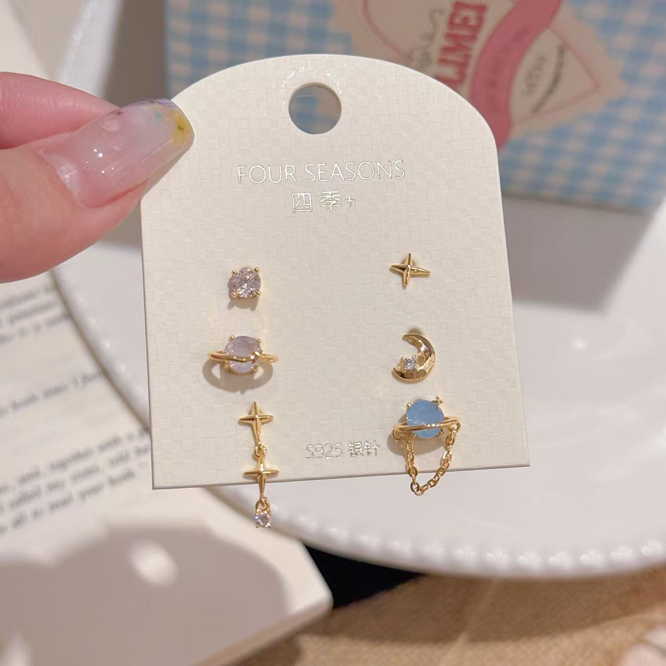 Shiny Star & Moon Stud Earrings, S925 Sterling Silver Posts, Niche Luxury Dainty Sweet Cool Tone All-match Earrings