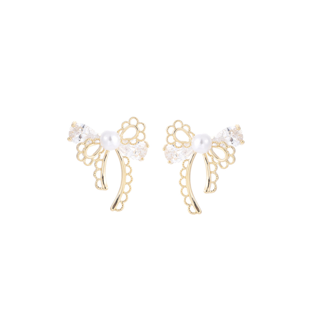 Lace Bow Zircon Earrings, Sweet Luxury Silver Needle Daily Studs