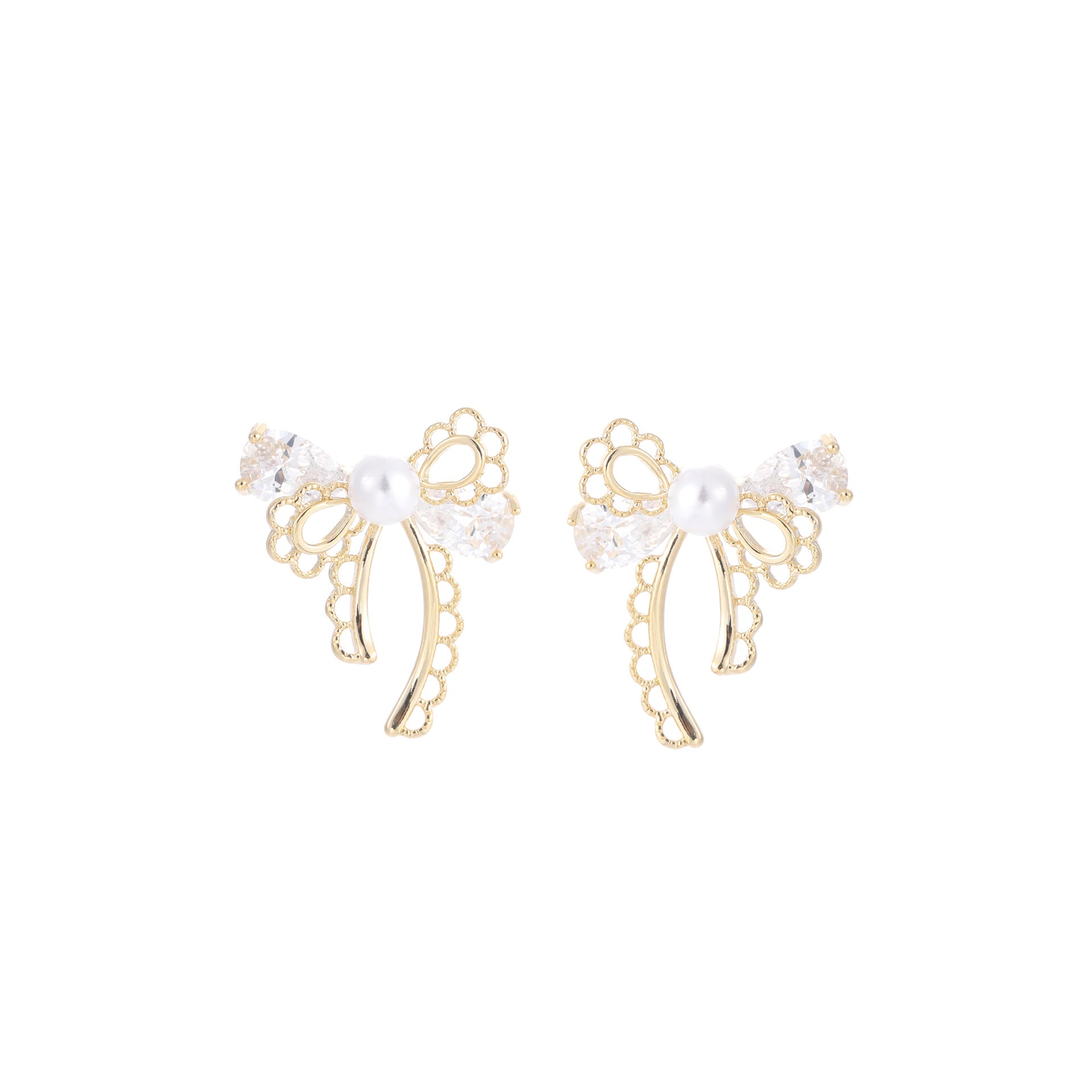 Lace Bow Zircon Earrings, Sweet Luxury Silver Needle Daily Studs