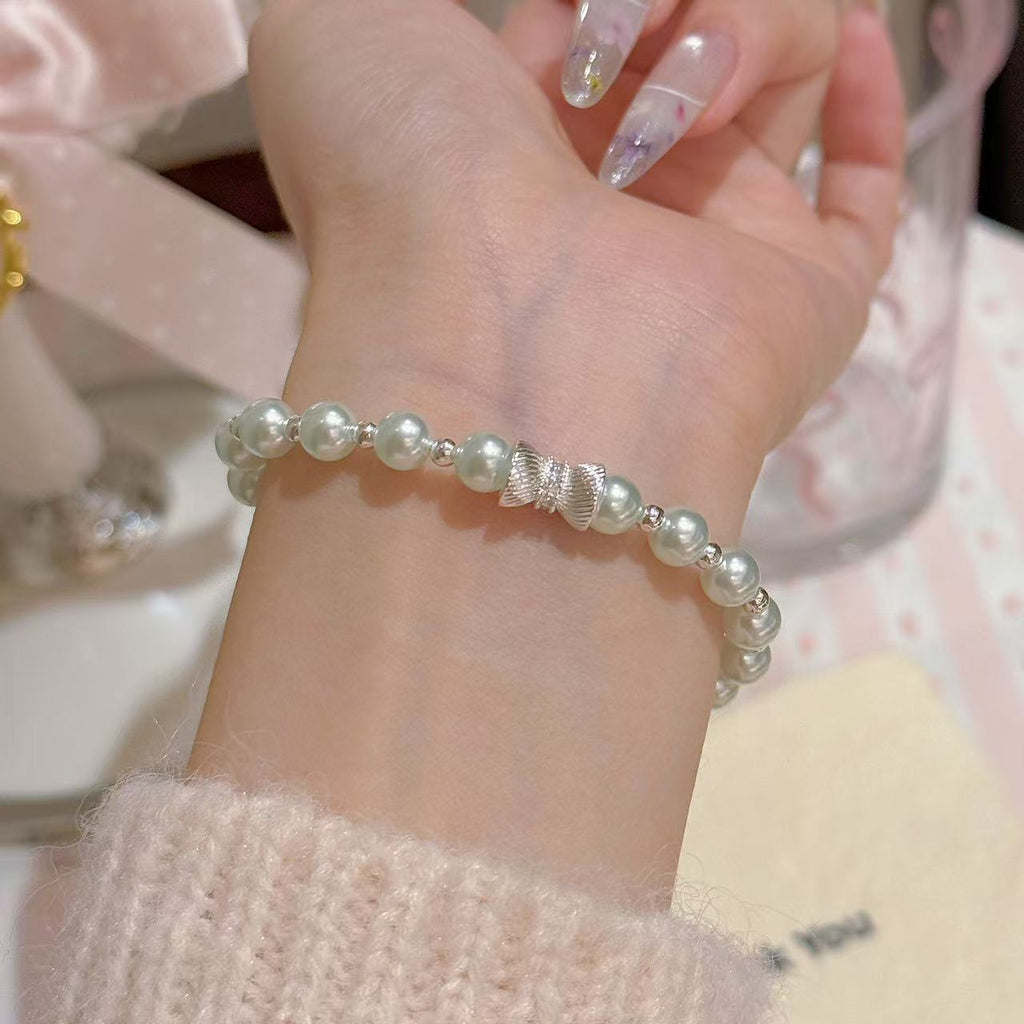 Cold Tone Bow Pearl Bracelet, Luxury Niche Elegant Hand Chain, Exquisite Birthday Gift Versatile Women Jewelry