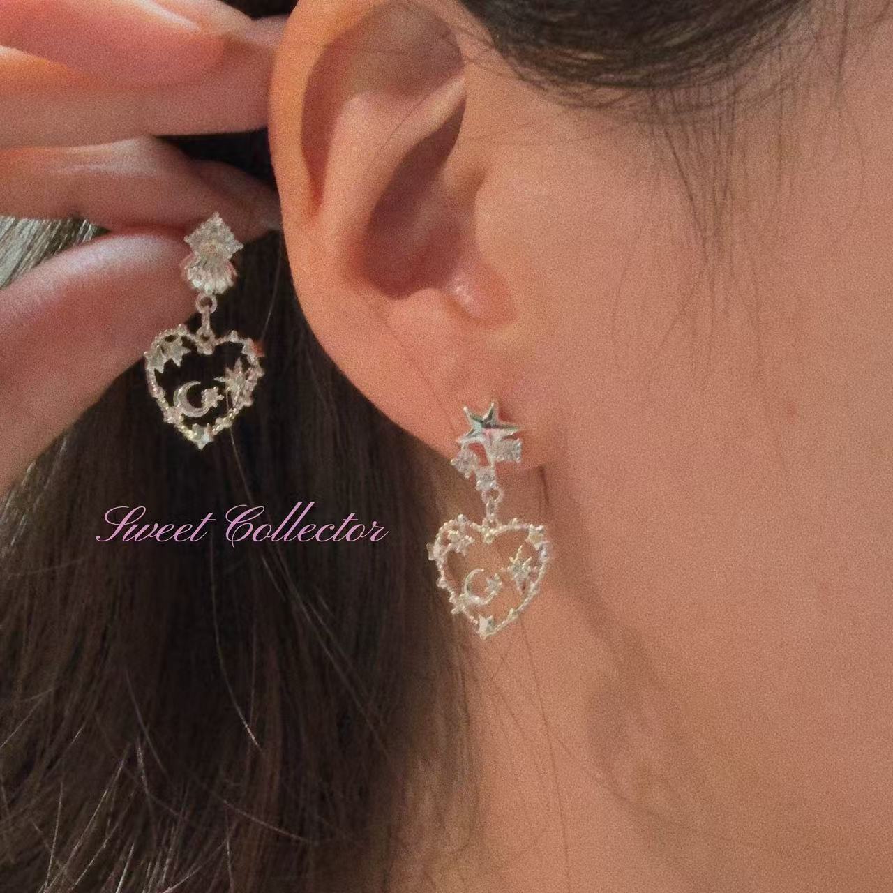 Sweet Heart Moon Cubic Zirconia Dangle Earrings, Minimal Fresh High-End Dainty Drop Ear Jewelry for Women Daily Commute