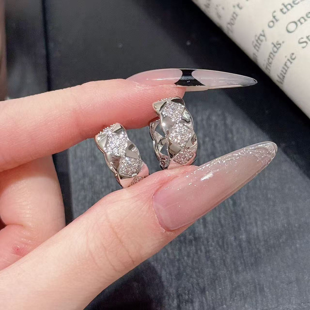 Square Plaid Pattern Ear Buckles, Micro Paved Zircon Geometric Earrings, Luxury Elegant Versatile Women Jewelry