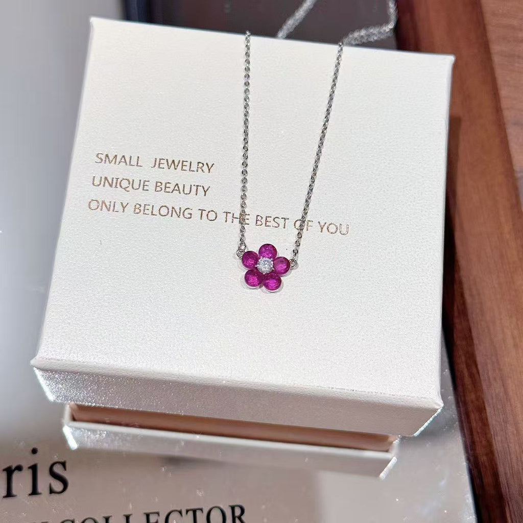 Flower Pendant Clavicle Necklace, Ruby & Natural Zircon Necklace, Minimalist Luxury Niche Fashion Jewelry for Women
