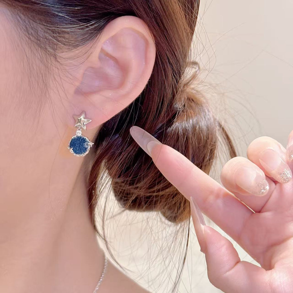 Autumn Winter Fashion Accessories Denim Bow Earrings Star Moon Earrings, Exquisite High-end Versatile Earrings & Matching Necklace Jewelry Set for Women