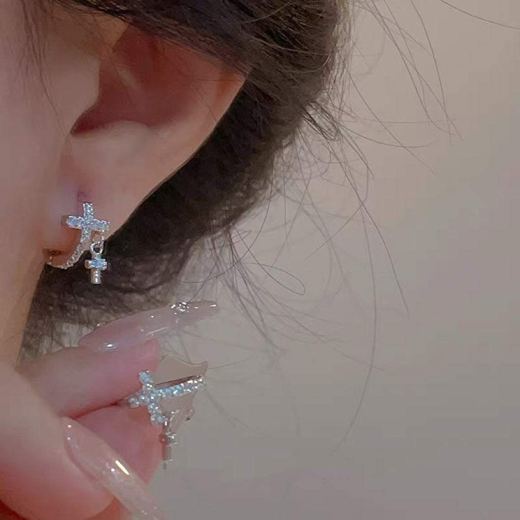 Sweet Cool Double Cross Hoop Earrings, Full Zircon Mini Simple Earrings, Light Luxury High-end Fashion New Year Ear Jewelry