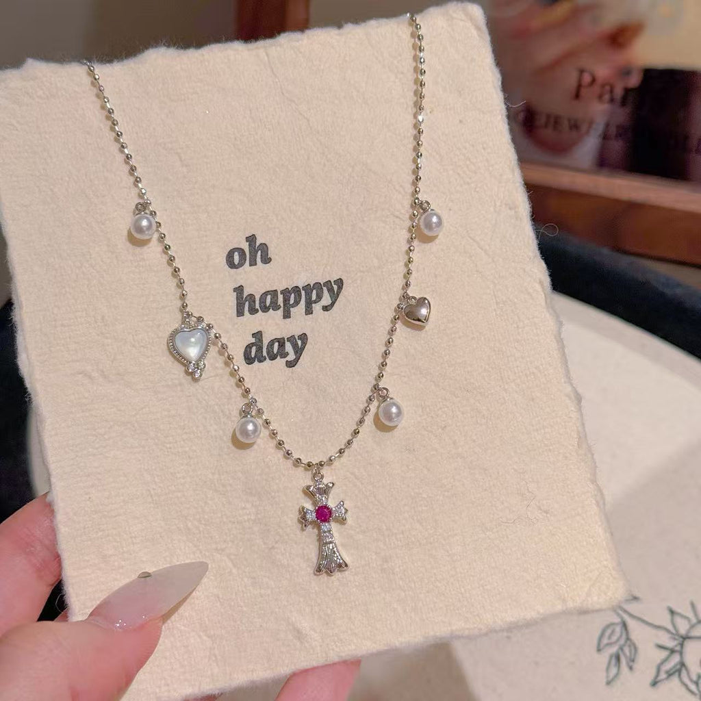 Cross Pearl Necklace & Bracelet Set, Luxury Niche All-match Clavicle Chain, Sweet Cool Style Exquisite Jewelry Set