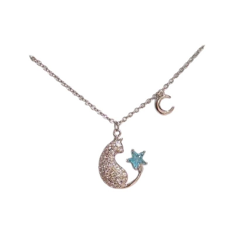 Lazy Cat Star Moon Pendant Necklace, Light Luxury Niche Elegant Clavicle Chain, Sweet Exquisite Versatile Women Jewelry