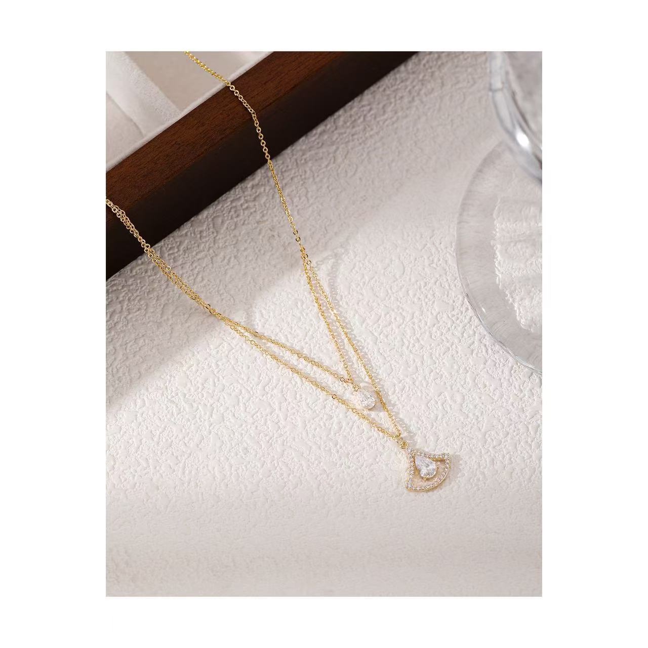Double Layer Stackable Ginkgo Leaf & Teardrop Cubic Zirconia Clavicle Necklace, Minimalist Luxury Niche Design All-Match Dainty Choker Jewelry