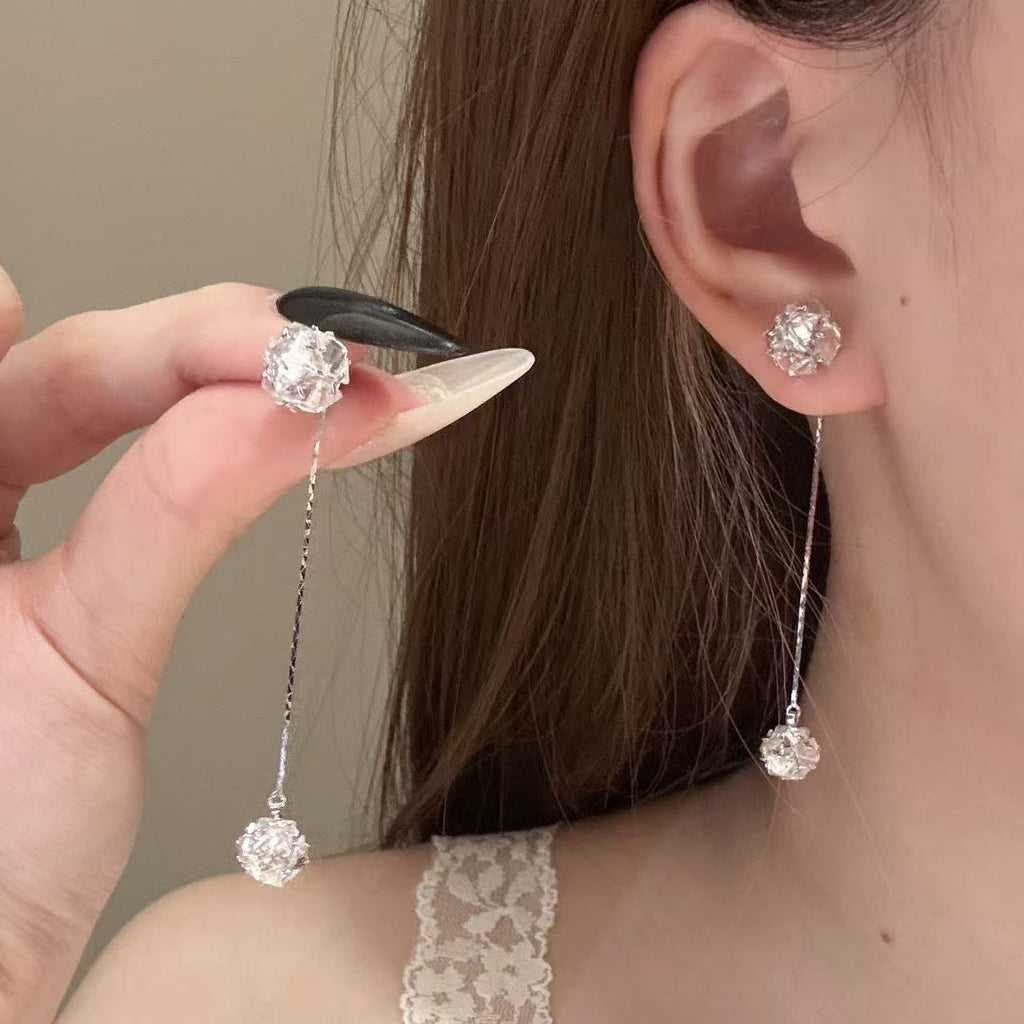 Cool Minimal Sparkling Pave CZ Ball Tassel Drop Earrings, Luxury Dainty S925 Sterling Silver Post Women Ear Jewelry for Gentle Vibe Daily Wear