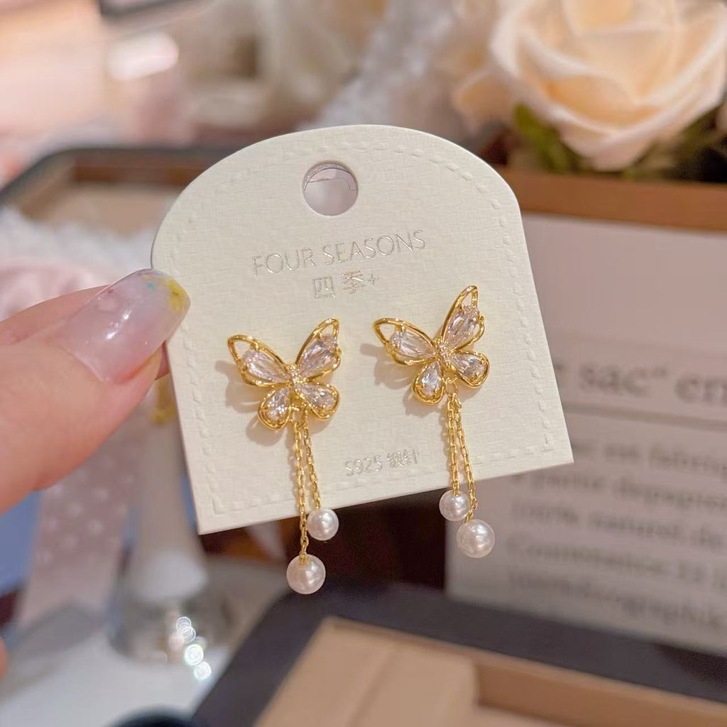 Butterfly Pearl Tassel Drop Earrings, S925 Sterling Silver Posts, Luxury Dainty Sweet Elegant Dangling Stud Earrings