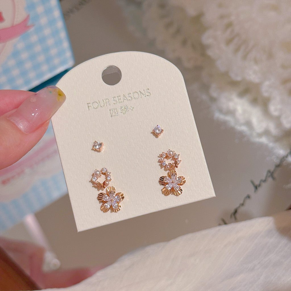 3 Pairs Floral Wreath Pearl Stud Earrings Set, Luxury Dainty Sweet Elegant All-match Jewelry for Women