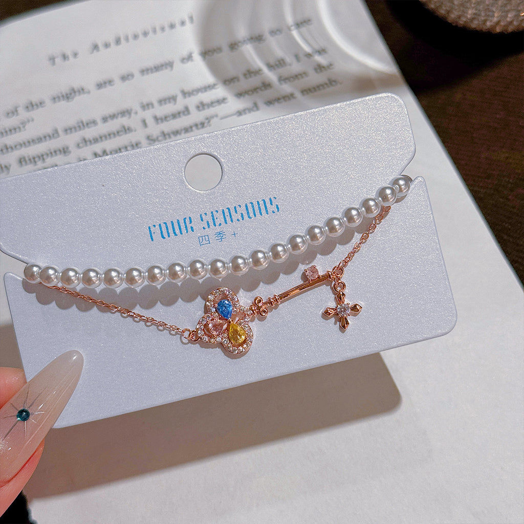 Magic Key Double Layer Pearl Bracelet, Spring New Luxury Elegant Wrist Jewelry, Exquisite Temperament All-match Bracelet