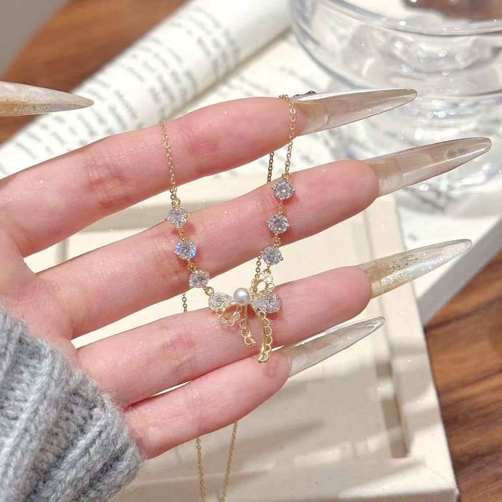 Lace Bow Zircon Necklace, Luxury Niche Sweet Clavicle Chain, Fresh Elegant Versatile Women Pendant