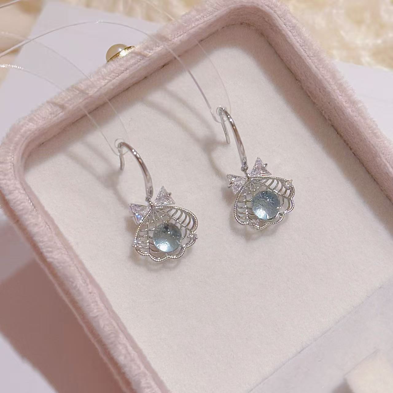 Blue Glass Bead Series Stud Earrings, Luxury Cool Tone Dainty Elegant Sweet Women Earrings