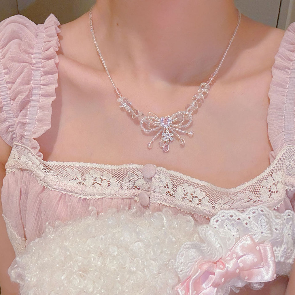 Shiny Crystal Bow Pendant Necklace, Sweet Girly Daily Fashion Neck Chain