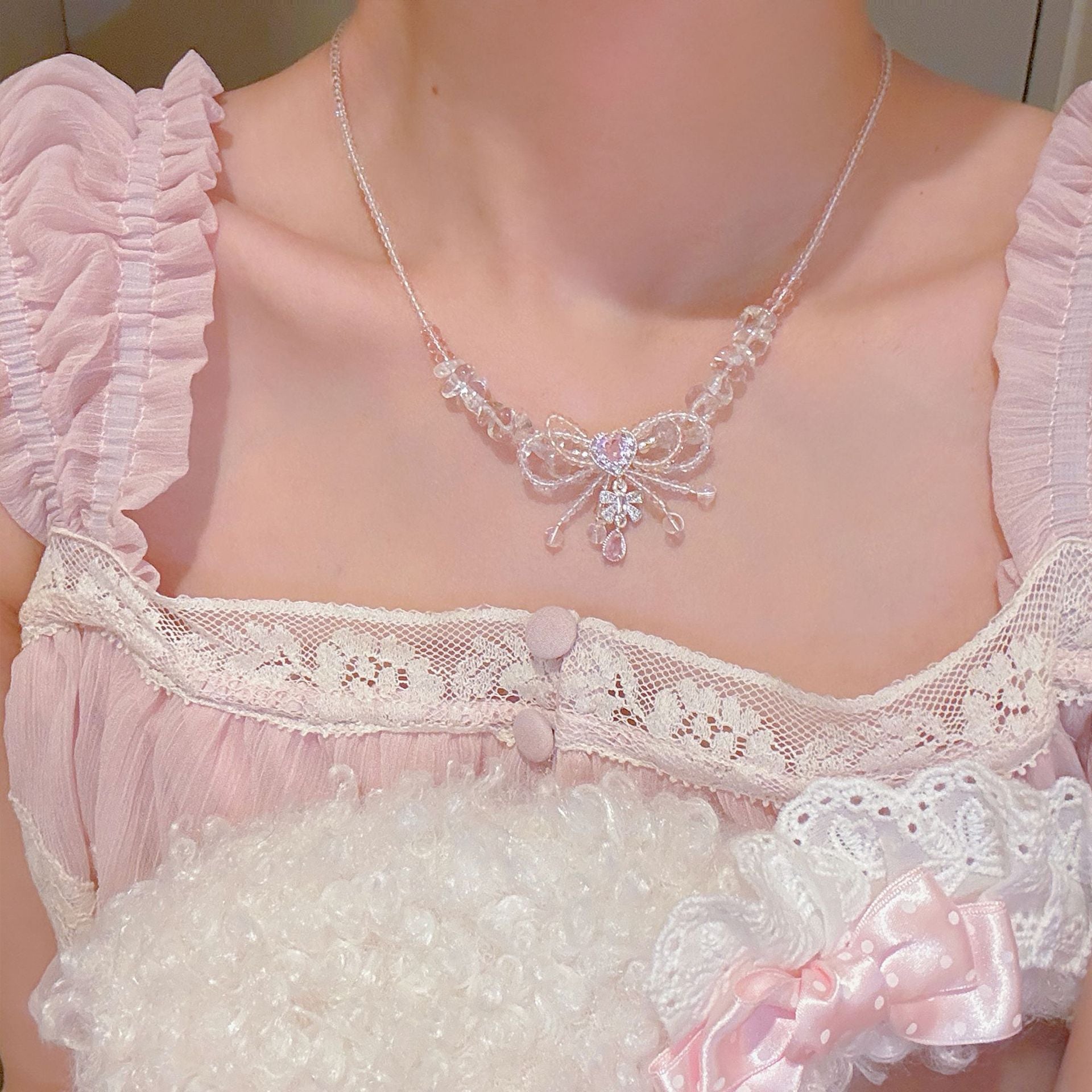 Shiny Crystal Bow Pendant Necklace, Sweet Girly Daily Fashion Neck Chain
