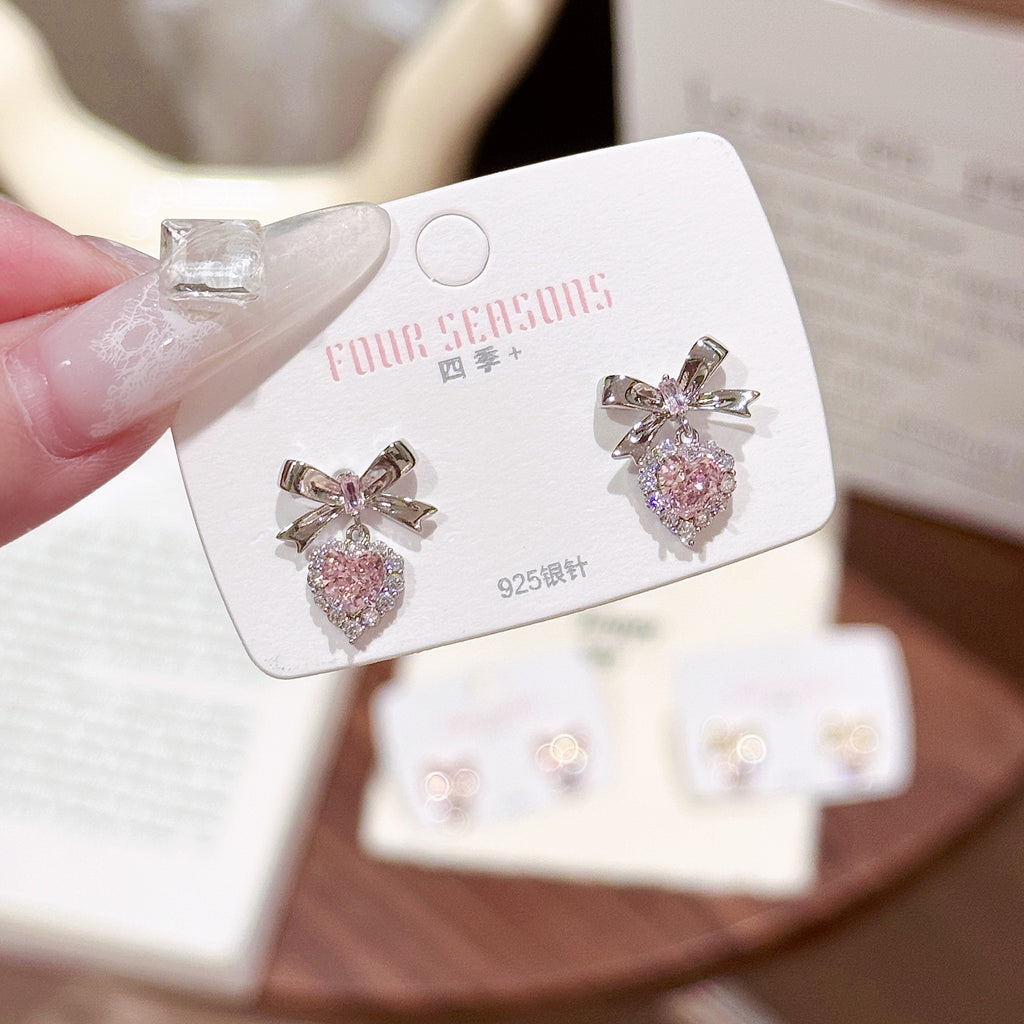 Korean Heart Bow Rhinestone Stud Earrings, Elegant Fashion Earrings For Ladies