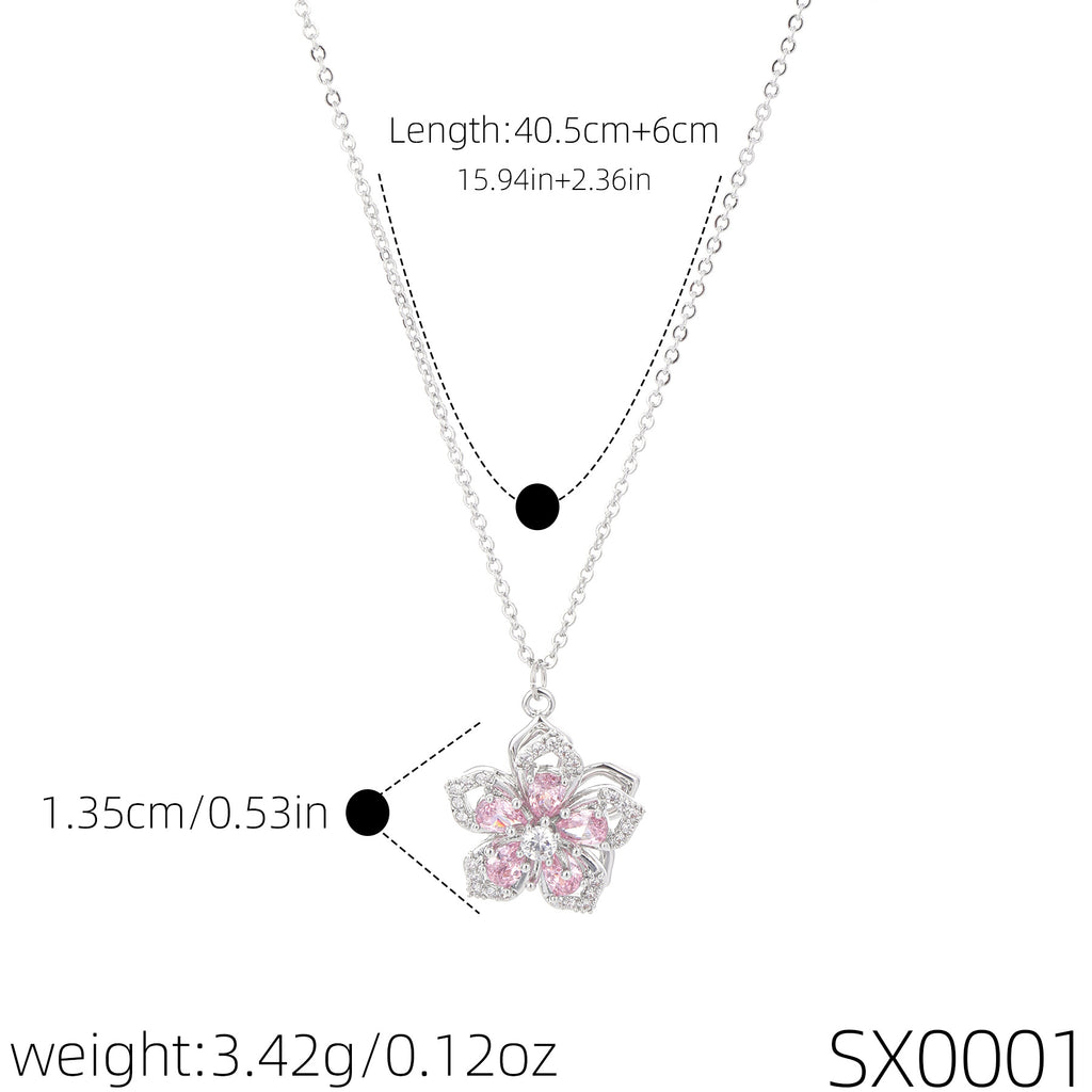 Dainty Sweet Fresh Floral Pendant Cubic Zirconia Necklace, Luxury Niche Elegant All-Match Daily Clavicle Jewelry