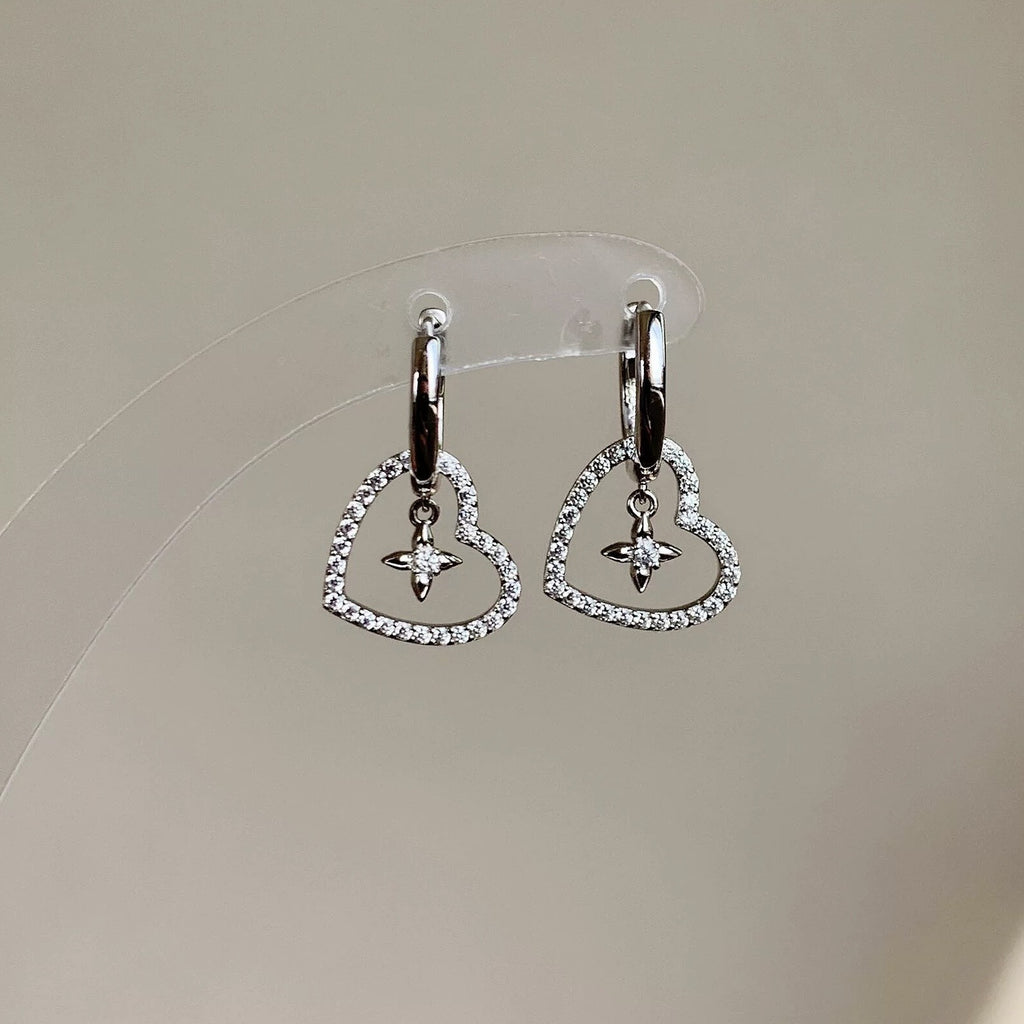 Hollow Heart Four-pointed Star Ear Buckles, 2026 New Sweet Luxury Elegant Noble Style Exquisite Earrings