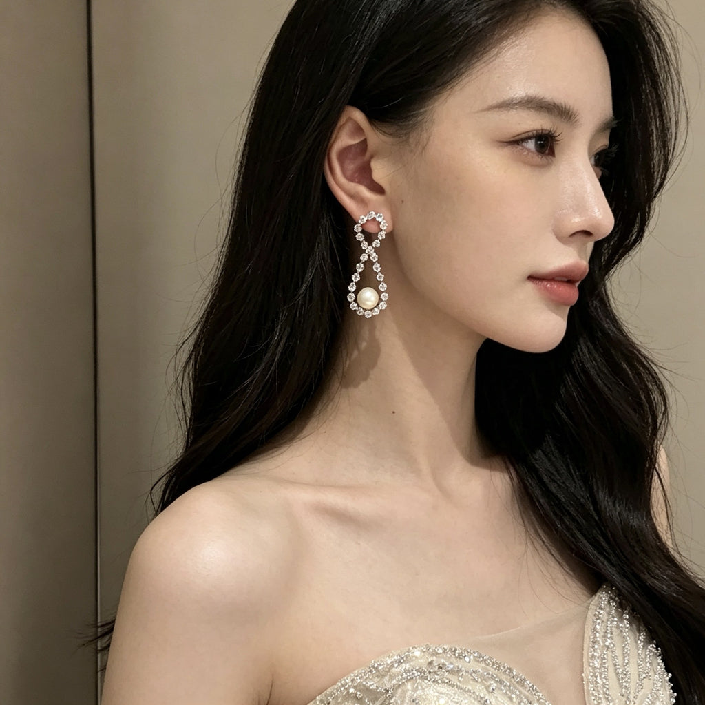 Rhombus Zircon Pearl S925 Silver Studs Luxury Rich Lady Women Earrings