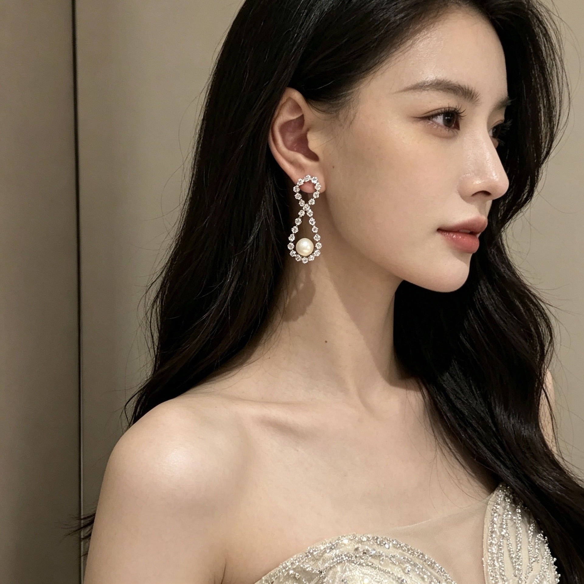 Rhombus Zircon Pearl S925 Silver Studs Luxury Rich Lady Women Earrings