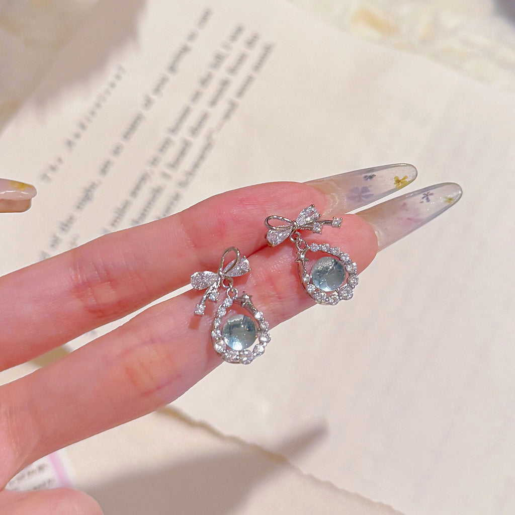 Blue Glass Bead Series Stud Earrings, Luxury Cool Tone Dainty Elegant Sweet Women Earrings