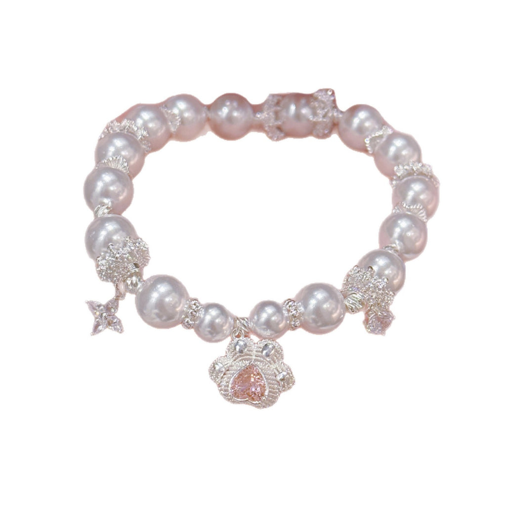 Cat Paw Heart Pearl Bracelet, Luxury Elegant Wrist Jewelry, Sweet Cute Exquisite All-match Fashion Bracelet for Outdoor Wear
