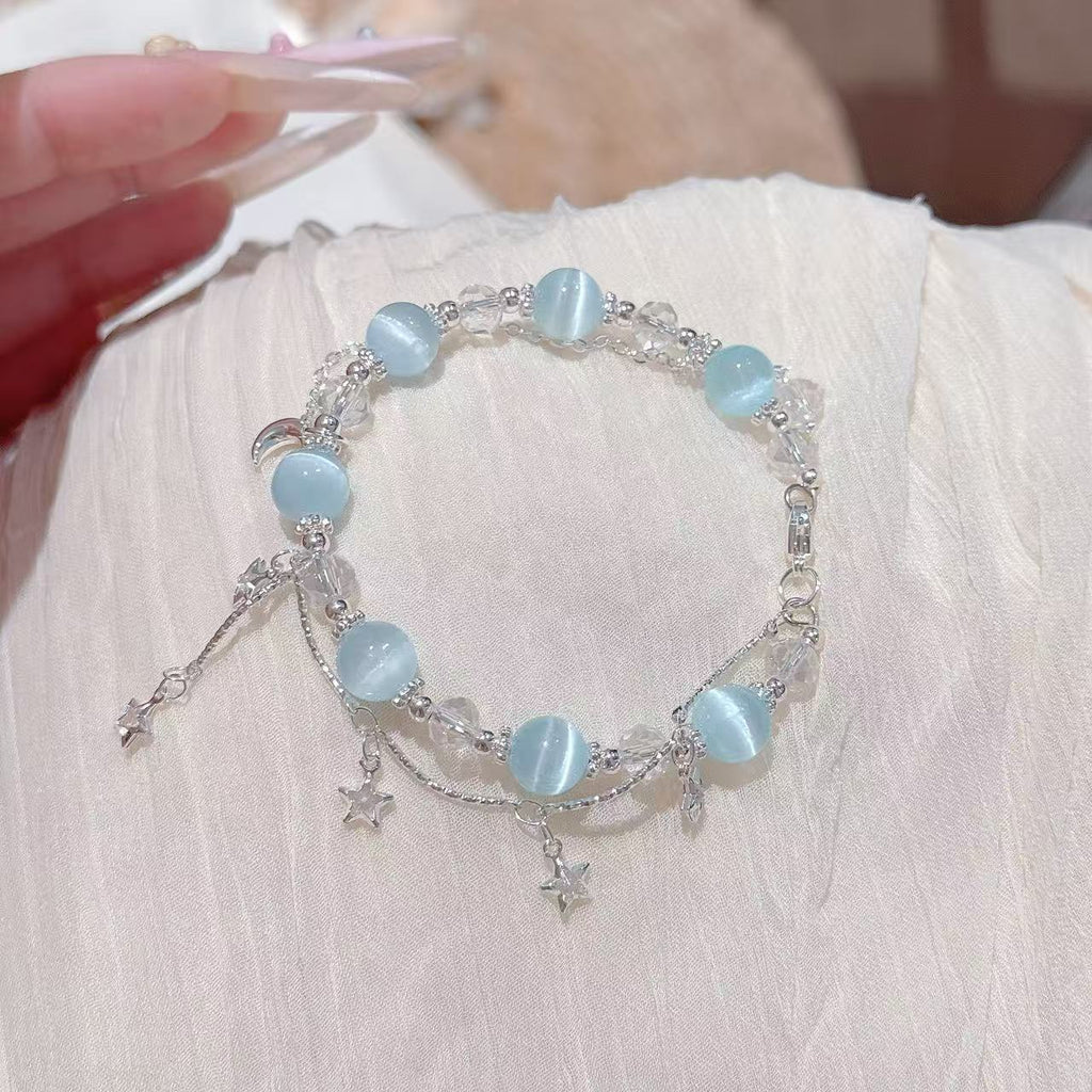 Aquamarine Cat's Eye Tassel Bracelet, Double Layer Stackable
