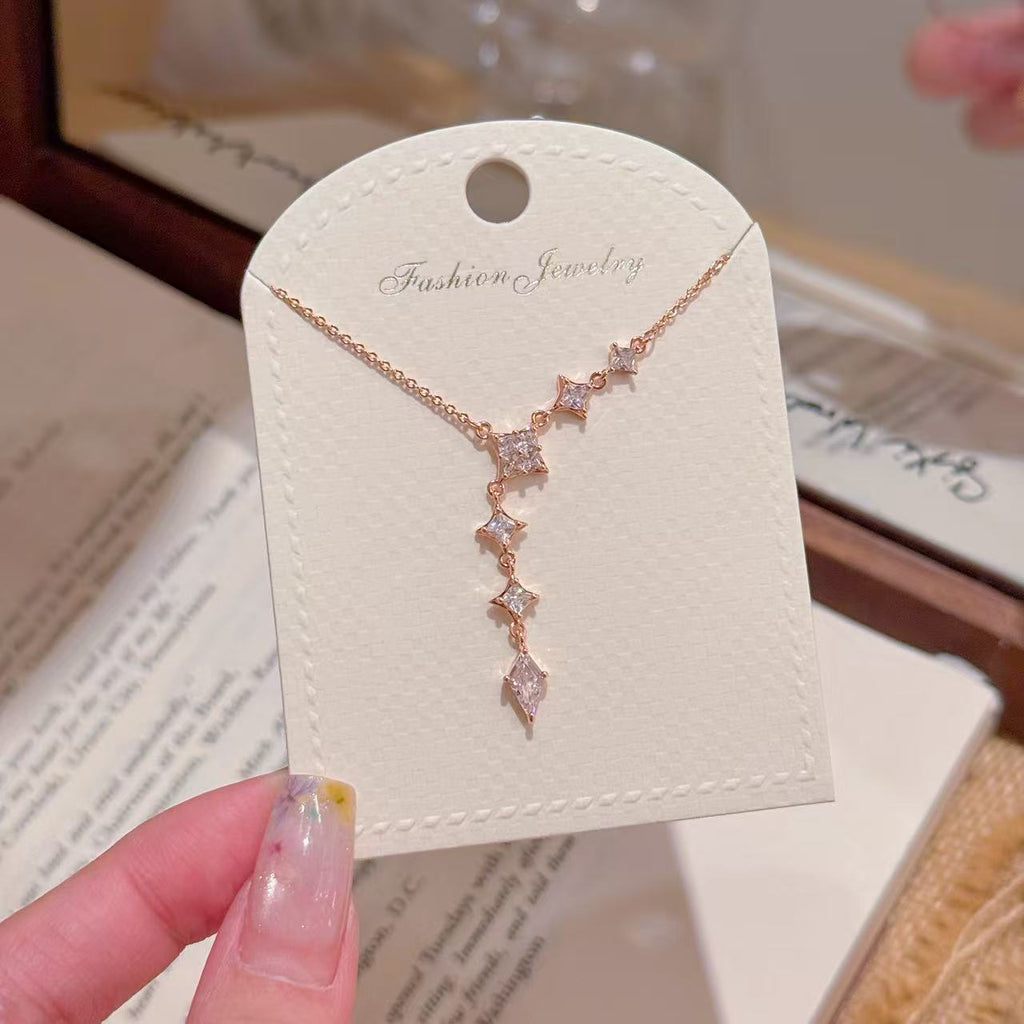 Geometric Diamond Tassel Pendant Necklace, Niche Designer Luxury Clavicle Chain, Dainty Cool Tone Elegant Necklace