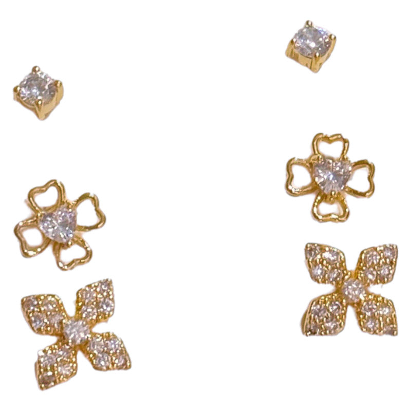 3 Pairs Lucky Flower Cubic Zirconia Stud Earrings Set for Women, Luxury Dainty Tiny Design Elegant Versatile Fine Ear Jewelry Pack