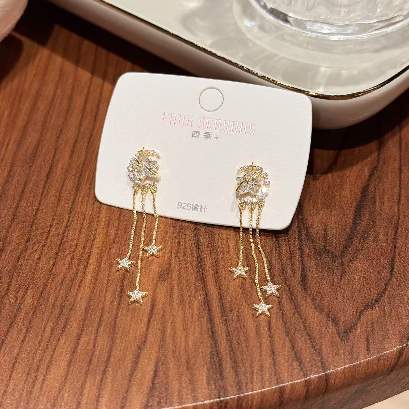 S925 Sterling Silver Moon Star Earrings, Sparkling Zircon Long Tassel Dangle Earrings