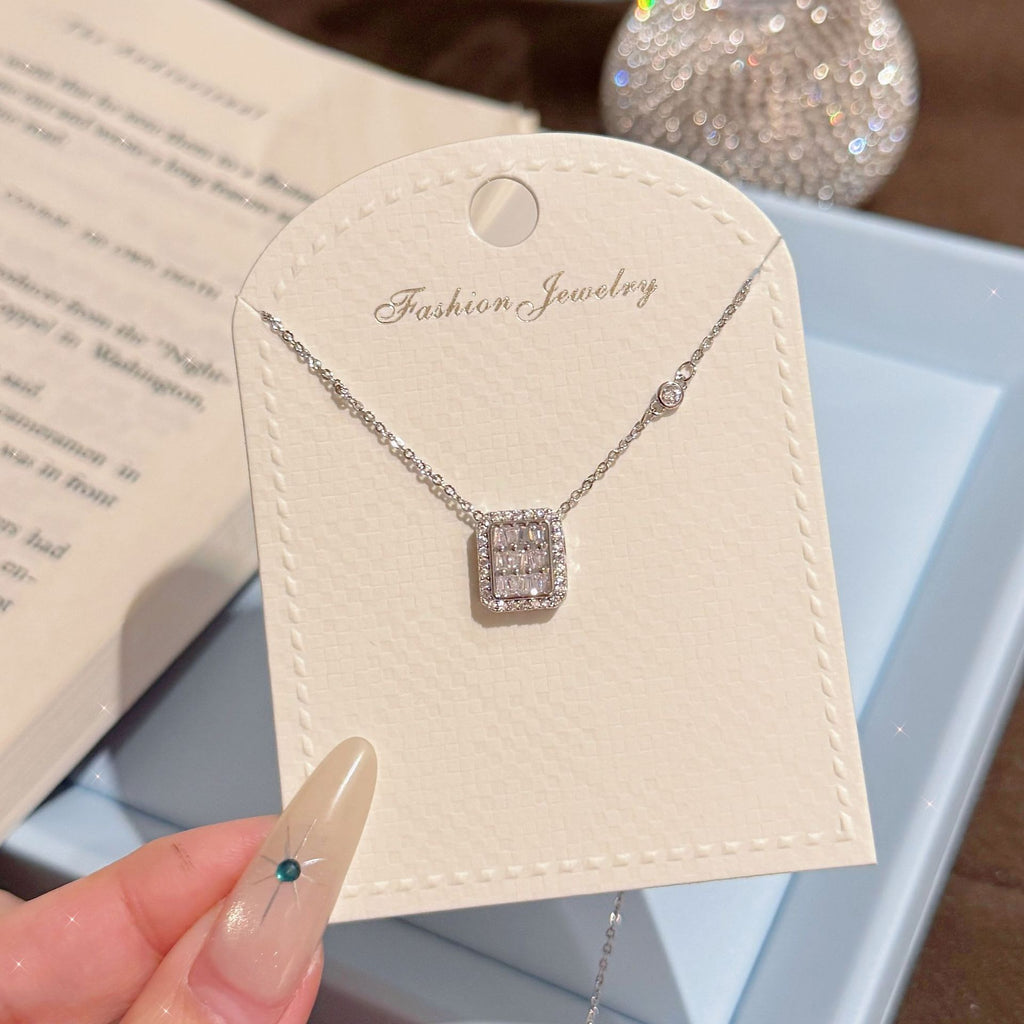 Upscale Sugar Cube CZ Clavicle Necklace Luxury Rich Lady Daily Pendant Chain
