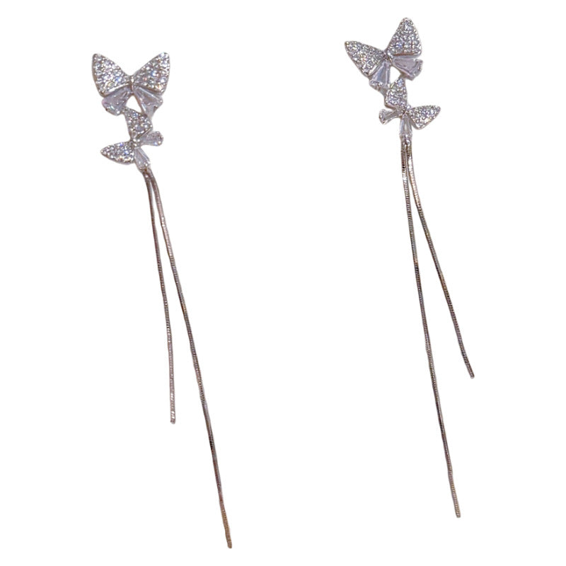 S925 Silver Double Butterfly Tassel Earrings Elegant Ladies Drop Studs