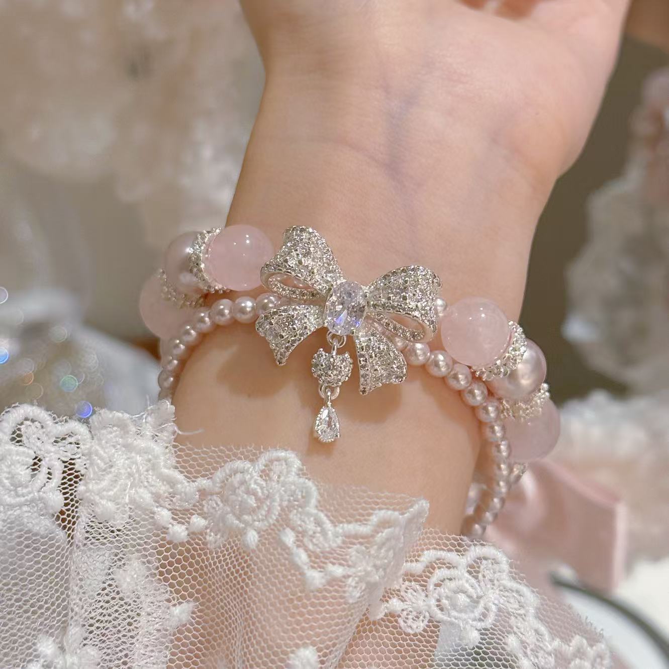 Bow Crystal Pearl Bracelet Elegant Sweet Luxury Versatile Women Hand Accessories