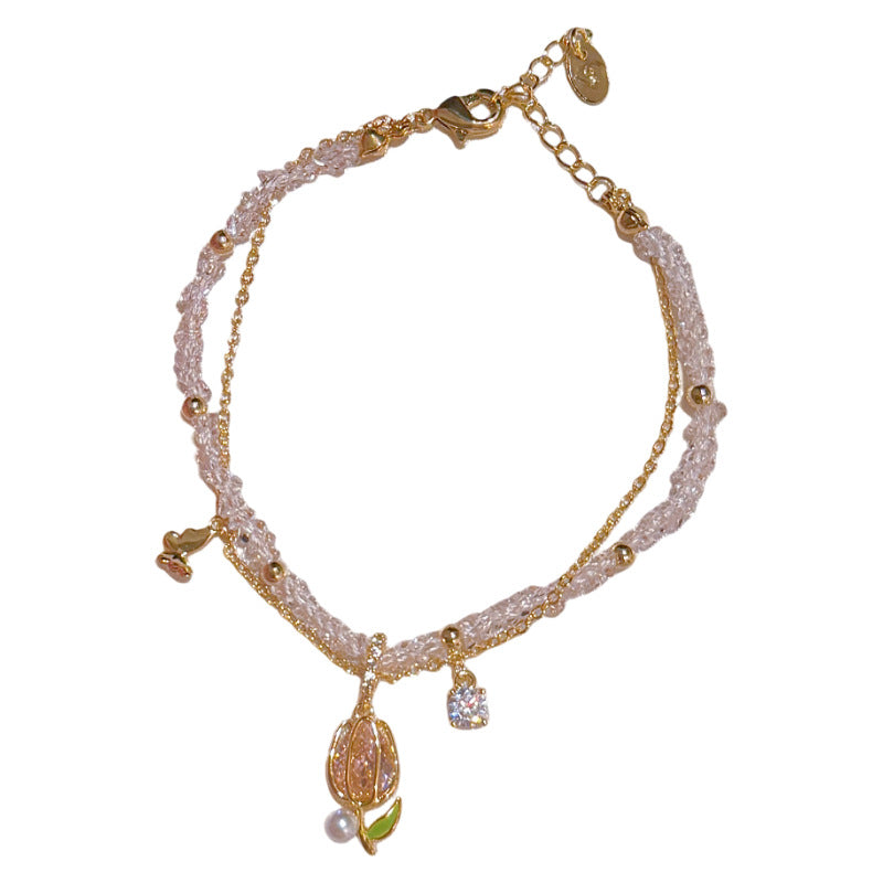 Spring Limited Tulip Double Layer Bracelet, Sweet Elegant Light Luxury Women Fashion Hand Jewelry