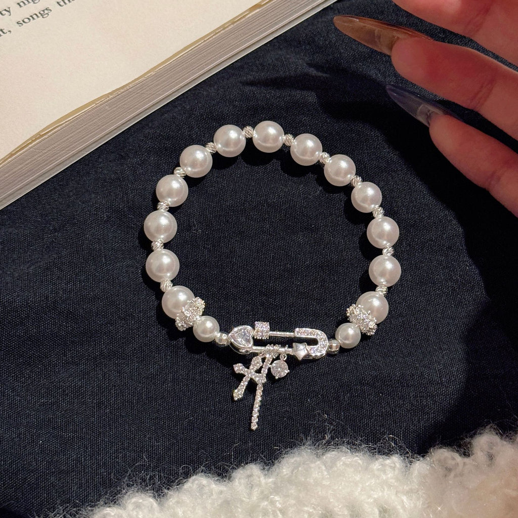Paperclip & Cross Pearl Bracelet, Luxury Sweet Cool Versatile Women Daily Bracelet