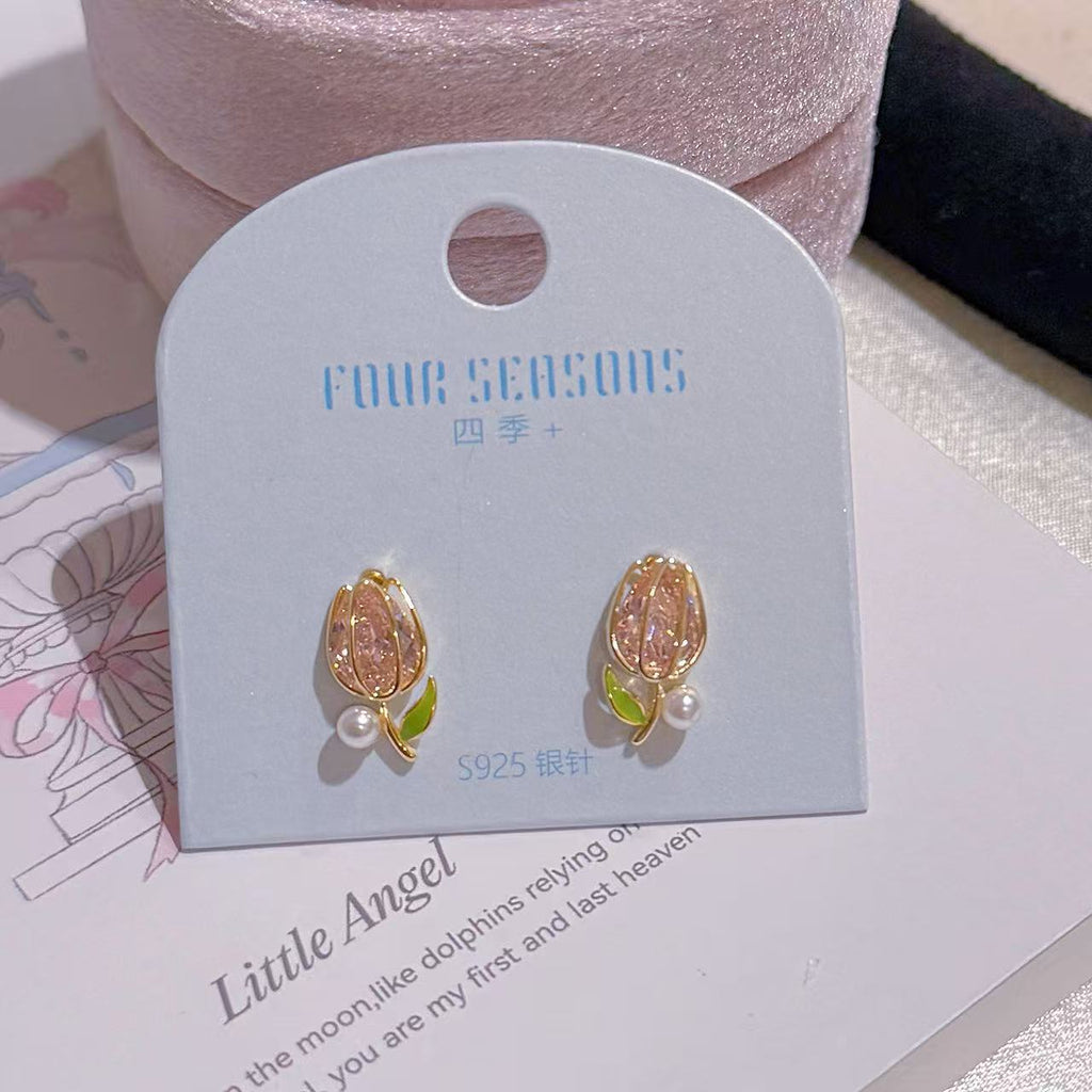 S925 Silver Tulip Earrings, Fresh Spring Temperament Women Daily Studs