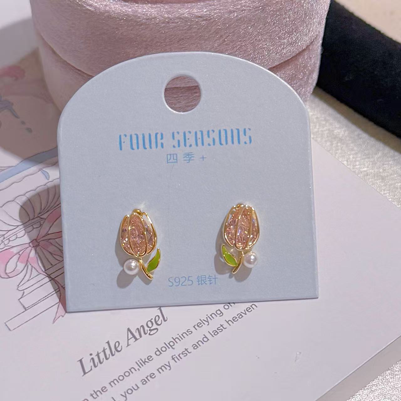 S925 Silver Tulip Earrings, Fresh Spring Temperament Women Daily Studs