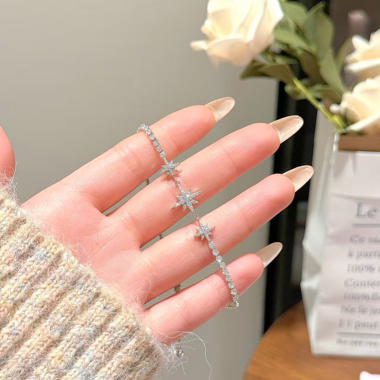 Six Pointed & Eight Pointed Star Cubic Zirconia Bracelets for Women, Korean Style Luxury Sparkling Dainty Versatile Daily Fine Wrist Jewelry