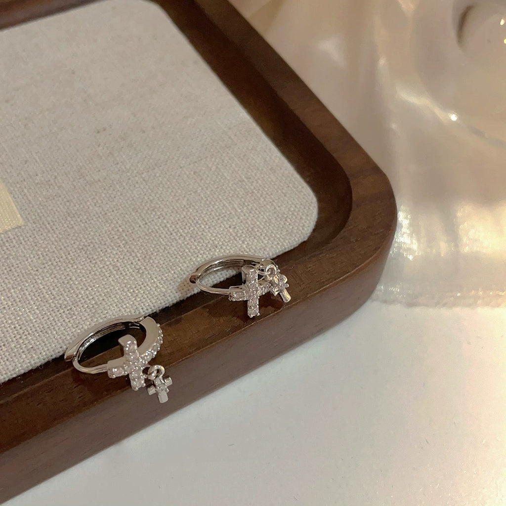 Sweet Cool Double Cross Hoop Earrings, Full Zircon Mini Simple Earrings, Light Luxury High-end Fashion New Year Ear Jewelry